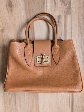 Italian Leather Handbag Cognac Brown Bamboo Turn Lock Satchel Structured Top